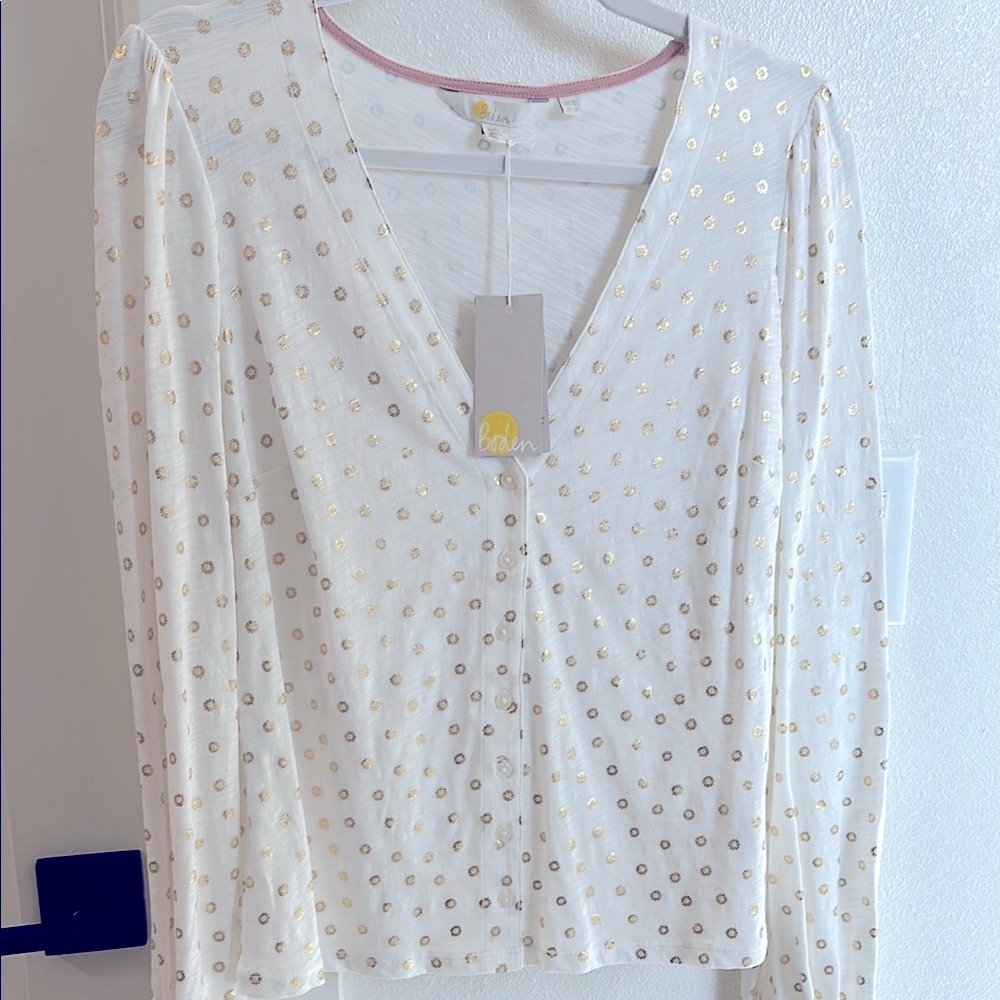 White and Gold Tie Front Blouse
